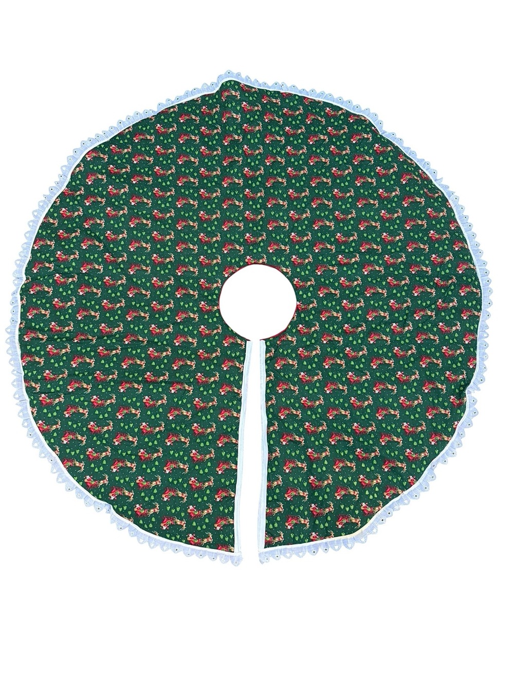 Vtg Green Santa and reindeer Christmas Tree Skirt reversible